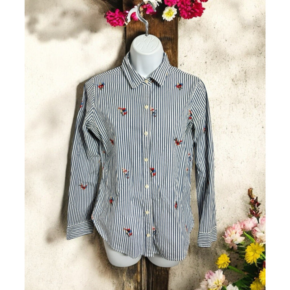 Abercrombie & Fitch Striped Button Front Shirt Sz S Embroidered Flowers Blouse - Picture 1 of 8